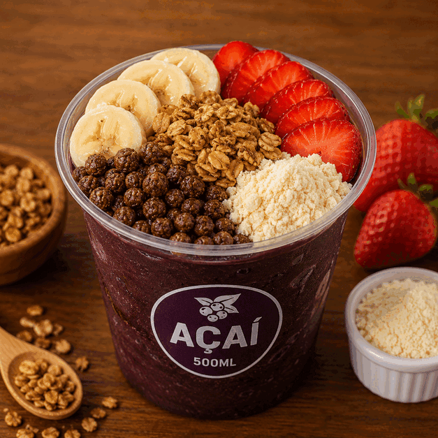 Açaí servido com frutas e acompanhamentos