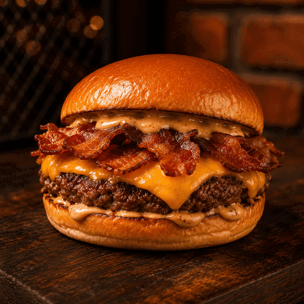Hambúrguer artesanal com cheddar e bacon